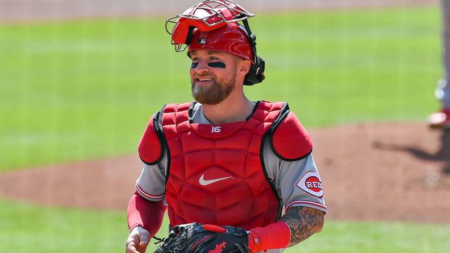 ATLANTA, GA OCTOBER 01: Cincinnati Reds catcher Tucker Barnhart (16) smiles during the National League Wild Card Series game between the Cincinnati Reds and the Atlanta Braves on October 1st, 2020 at Truist Park in Atlanta, GA.