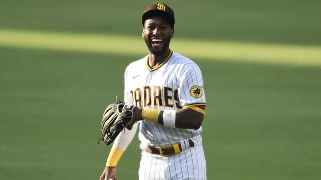 SAN DIEGO, CA - AUGUST 22: Jurickson Profar #10 of the San Diego Padres warms-up before a baseball game against Houston Astros at Petco Park on August 22, 2020 in San Diego, California.