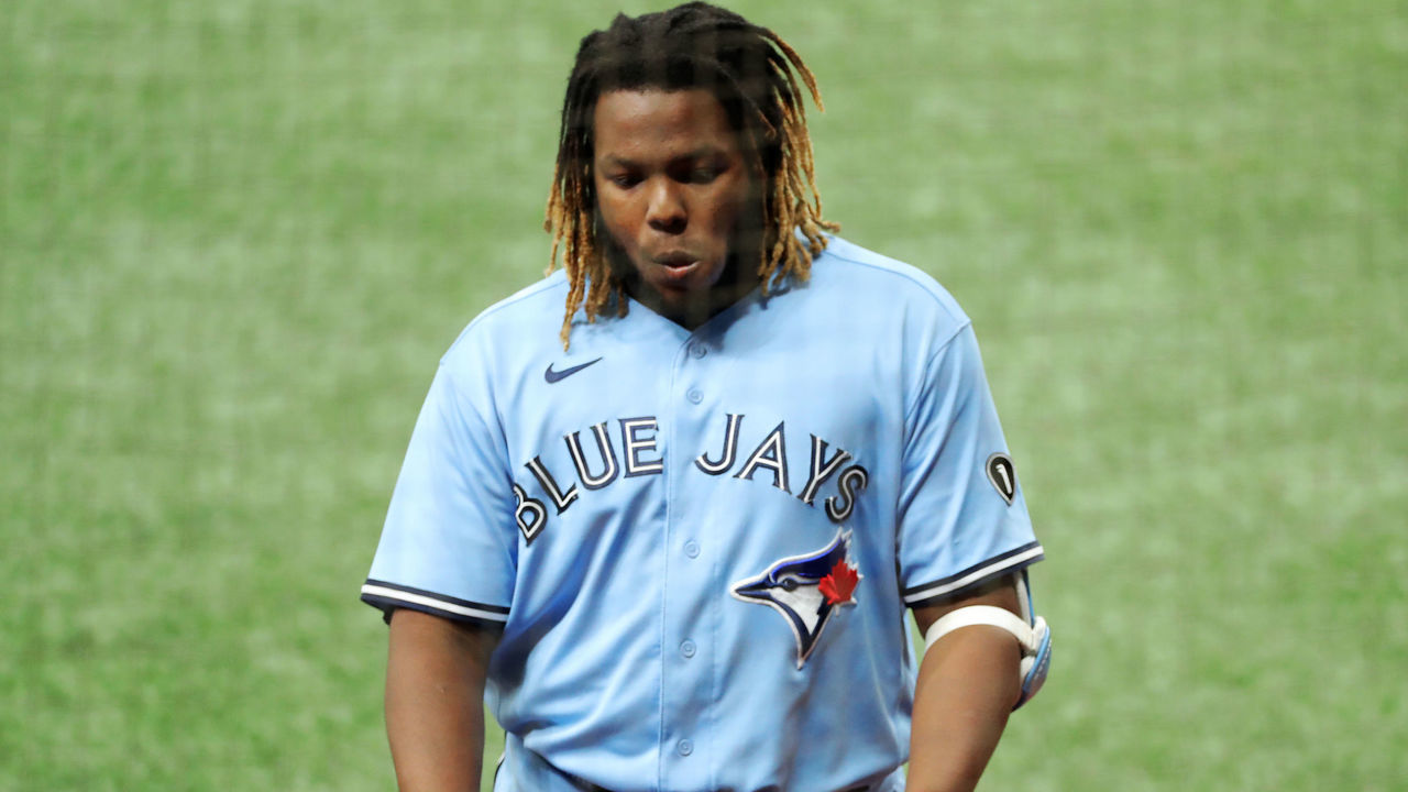 ST. PETERSBURG, FL - SEPTEMBER 30: Vladimir Guerrero Jr. #27 of the Toronto Blue Jays reacts to striking out in the eighth inning during Game 2 of the Wild Card Series between the Toronto Blue Jays and the Tampa Bay Rays at Tropicana Field on Wednesday, September 30, 2020 in St. Petersburg, Florida.