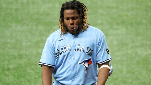 ST. PETERSBURG, FL - SEPTEMBER 30: Vladimir Guerrero Jr. #27 of the Toronto Blue Jays reacts to striking out in the eighth inning during Game 2 of the Wild Card Series between the Toronto Blue Jays and the Tampa Bay Rays at Tropicana Field on Wednesday, September 30, 2020 in St. Petersburg, Florida.