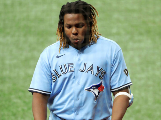 ST. PETERSBURG, FL - SEPTEMBER 30: Vladimir Guerrero Jr. #27 of the Toronto Blue Jays reacts to striking out in the eighth inning during Game 2 of the Wild Card Series between the Toronto Blue Jays and the Tampa Bay Rays at Tropicana Field on Wednesday, September 30, 2020 in St. Petersburg, Florida.