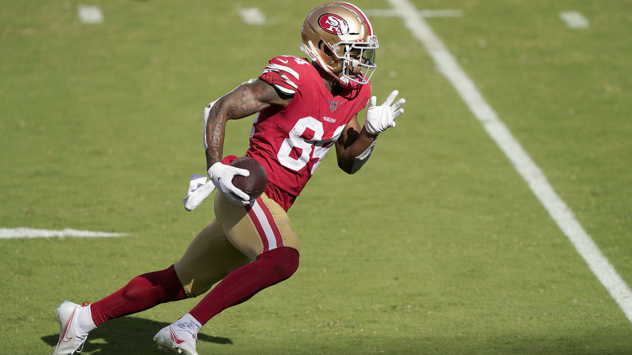 SANTA CLARA, CALIFORNIA - OCTOBER 11: Kendrick Bourne #84 of the San Francisco 49ers runs into the endzone for a touchdown against the Miami Dolphins during the second half of their NFL football game at Levi's Stadium on October 11, 2020 in Santa Clara, California. Miami won the game 43-17.