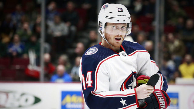 VANCOUVER, BC - MARCH 8: Gustav Nyquist #14 of the Columbus Blue Jackets skates up ice during their NHL game against the Vancouver Canucks at Rogers Arena March 8, 2020 in Vancouver, British Columbia, Canada. "n