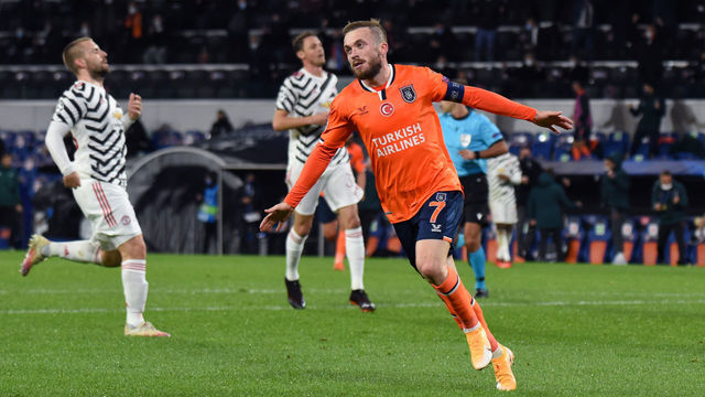 ISTANBUL, TURKEY - NOVEMBER 04: Edin Visca of Istanbul Basaksehir celebrates after scoring his team's second goal during the UEFA Champions League Group H stage match between Istanbul Basaksehir and Manchester United at Basaksehir Fatih Terim Stadyumu on November 04, 2020 in Istanbul, Turkey. Sporting stadiums around Turkey remain under strict restrictions due to the Coronavirus Pandemic as Government social distancing laws prohibit fans inside venues resulting in games being played behind closed doors.
