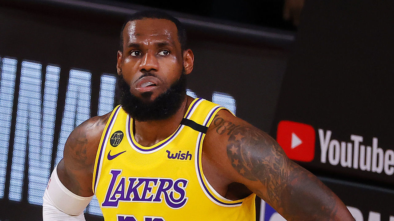 LAKE BUENA VISTA, FLORIDA - OCTOBER 06: LeBron James #23 of the Los Angeles Lakers reacts after being charged with a foul during the third quarter against the Miami Heat in Game Four of the 2020 NBA Finals at AdventHealth Arena at the ESPN Wide World Of Sports Complex on October 6, 2020 in Lake Buena Vista, Florida.