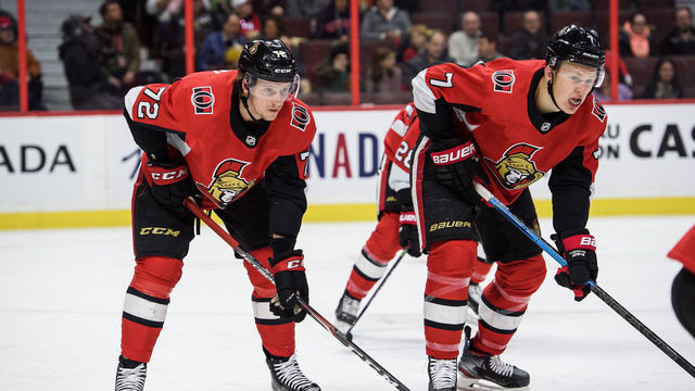OTTAWA, ON - DECEMBER 19: Ottawa Senators Defenceman Thomas Chabot (72) and Ottawa Senators Left Wing Brady Tkachuk (7) line up for a face-off during the first period of the NHL game between the Ottawa Senators and the Nashville Predators on Dec. 19, 2019 at the Canadian Tire Centre in Ottawa, Ontario, Canada.