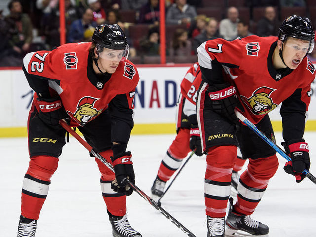 OTTAWA, ON - DECEMBER 19: Ottawa Senators Defenceman Thomas Chabot (72) and Ottawa Senators Left Wing Brady Tkachuk (7) line up for a face-off during the first period of the NHL game between the Ottawa Senators and the Nashville Predators on Dec. 19, 2019 at the Canadian Tire Centre in Ottawa, Ontario, Canada.