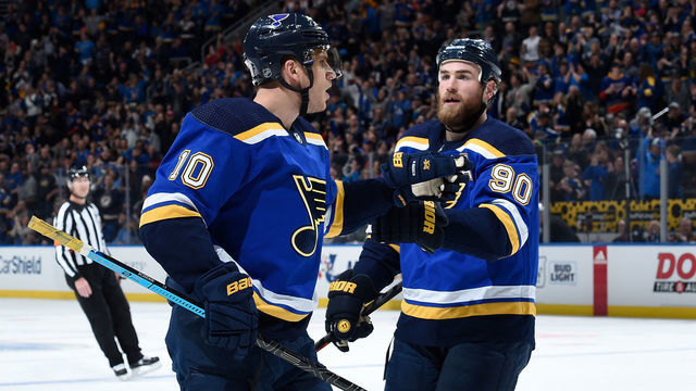 ST. LOUIS, MO - FEBRUARY 4: Brayden Schenn #10 of the St. Louis Blues is congratulated by Ryan O'Reilly #90 of the St. Louis Blues after scoring a goal against the Carolina Hurricanes at Enterprise Center on February 4, 2020 in St. Louis, Missouri.