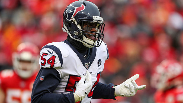 KANSAS CITY, MISSOURI - JANUARY 12: Jacob Martin #54 of the Houston Texans celebrates a punt block for a touchdown against the Kansas City Chiefs during the first quarter in the AFC Divisional playoff game at Arrowhead Stadium on January 12, 2020 in Kansas City, Missouri.
