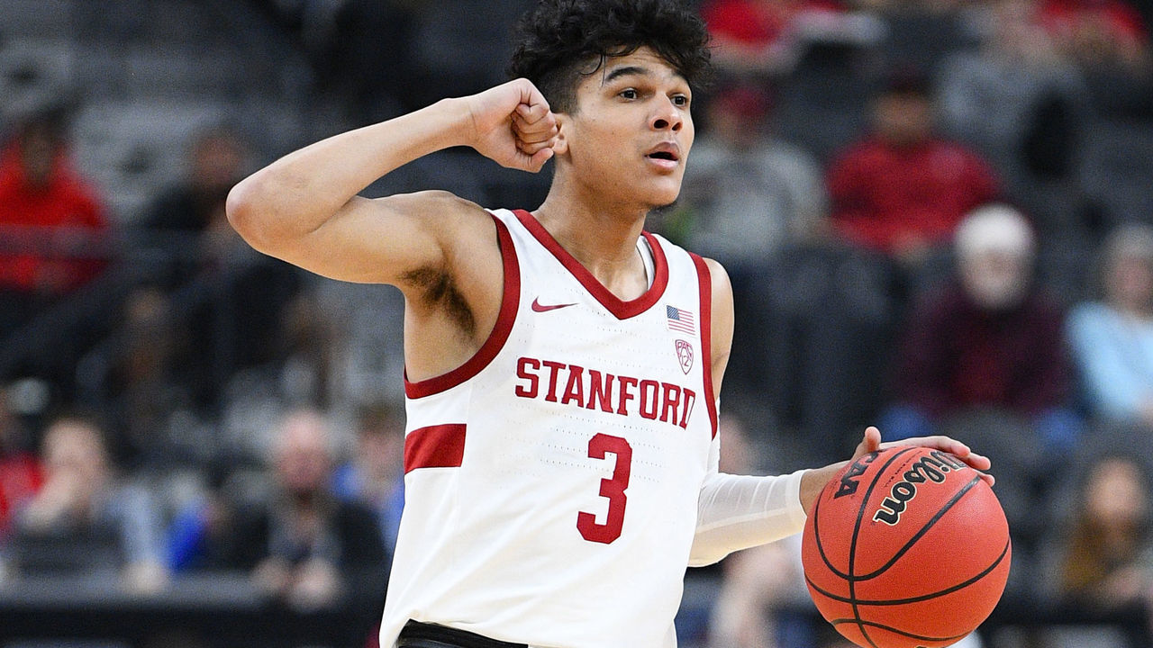 LAS VEGAS, NV - MARCH 11: Stanford Cardinal guard Tyrell Terry (3) brings the ball up the court during the first round game of the men's Pac-12 Tournament between the Stanford Cardinal and the California Bears on March 11, 2020, at the T-Mobile Arena in Las Vegas, NV.