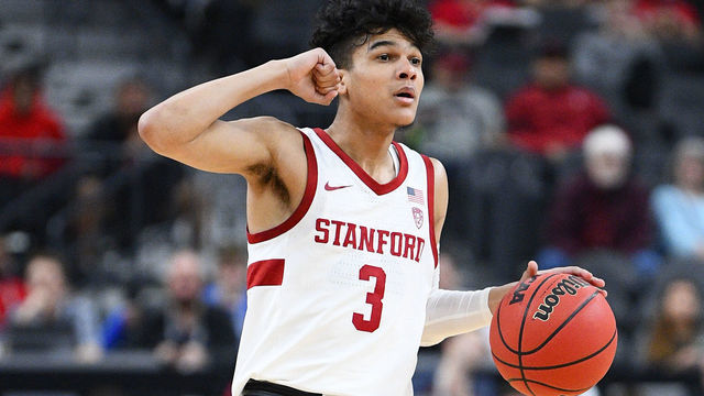 LAS VEGAS, NV - MARCH 11: Stanford Cardinal guard Tyrell Terry (3) brings the ball up the court during the first round game of the men's Pac-12 Tournament between the Stanford Cardinal and the California Bears on March 11, 2020, at the T-Mobile Arena in Las Vegas, NV.