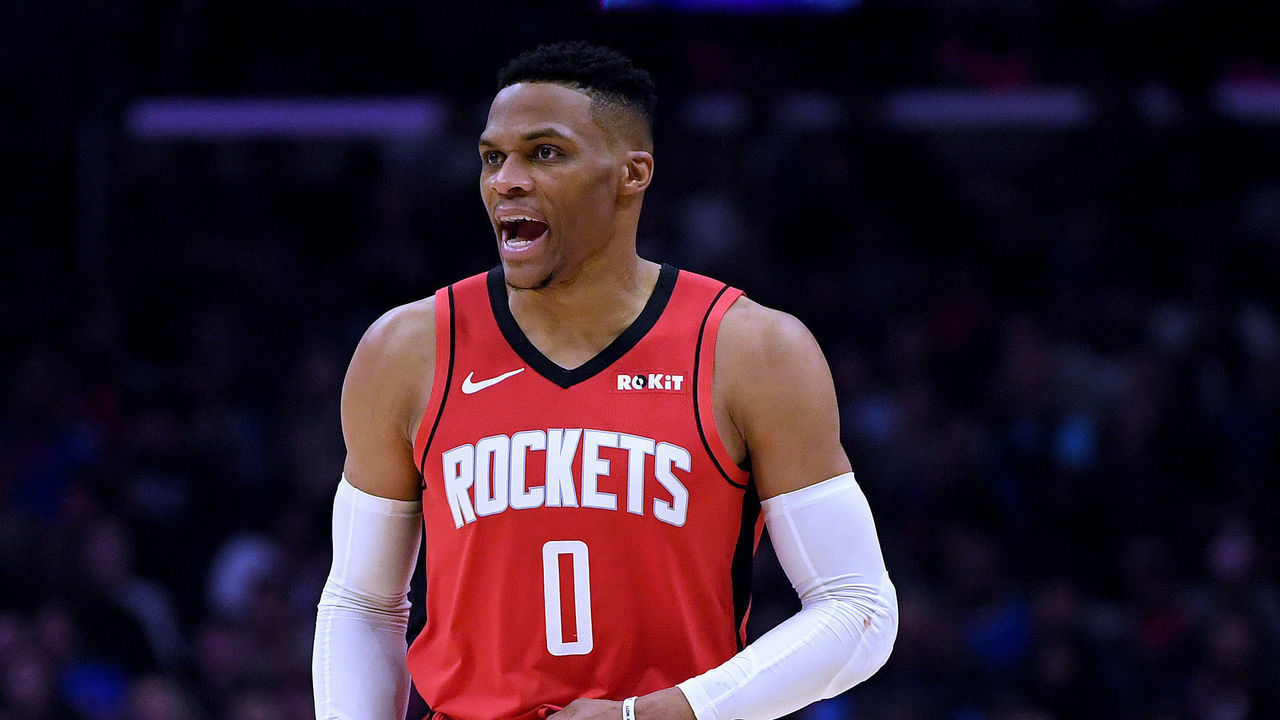 LOS ANGELES, CALIFORNIA - DECEMBER 19: Russell Westbrook #0 of the Houston Rockets react during a 122-117 Rockets win over the LA Clippers at Staples Center on December 19, 2019 in Los Angeles, California.