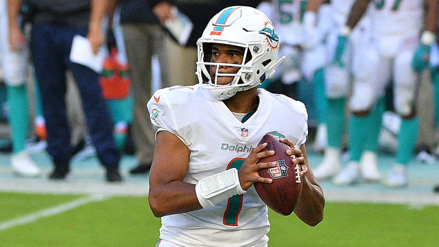 MIAMI GARDENS, FLORIDA - NOVEMBER 01: Tua Tagovailoa #1 of the Miami Dolphins looks to pass in the fourth quarter against the Los Angeles Rams at Hard Rock Stadium on November 01, 2020 in Miami Gardens, Florida.