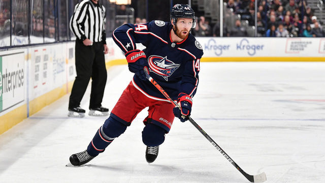 COLUMBUS, OH - FEBRUARY 14: Vladislav Gavrikov #44 of the Columbus Blue Jackets skates against the New York Rangers on February 14, 2020 at Nationwide Arena in Columbus, Ohio.