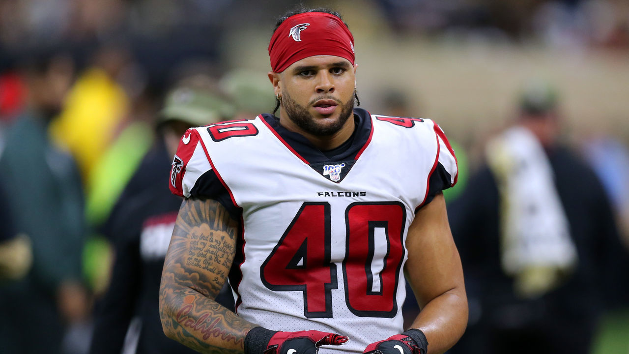 NEW ORLEANS, LOUISIANA - NOVEMBER 10: Keith Smith #40 of the Atlanta Falcons reacts during a game against the New Orleans Saints at the Mercedes Benz Superdome on November 10, 2019 in New Orleans, Louisiana.