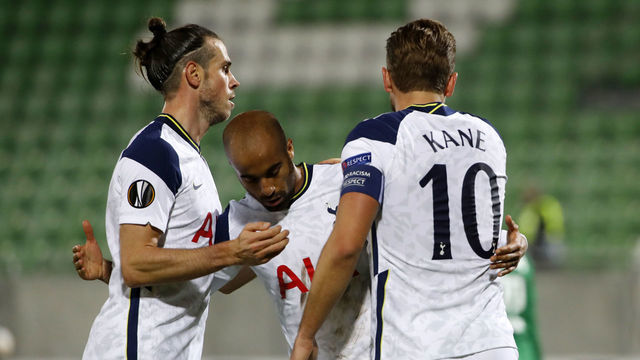 RAZGRAD, BULGARIA - NOVEMBER 05: Lucas Moura of Tottenham Hotspur celebrates after he scores his team's second goal with Gareth Bale of Tottenham Hotspur and Harry Kane of Tottenham Hotspur during the UEFA Europa League Group J stage match between PFC Ludogorets Razgrad and Tottenham Hotspur at Ludogorets Arena on November 05, 2020 in Razgrad, Bulgaria. Sporting stadiums around Bulgaria remain under strict restrictions due to the Coronavirus Pandemic as Government social distancing laws prohibit fans inside venues resulting in games being played behind closed doors.
