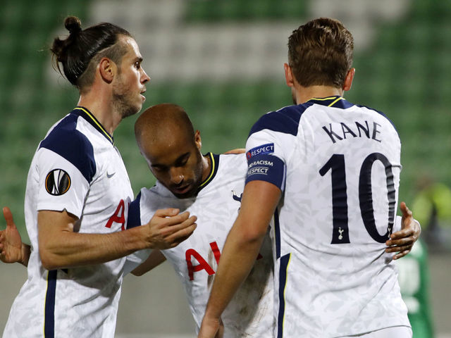RAZGRAD, BULGARIA - NOVEMBER 05: Lucas Moura of Tottenham Hotspur celebrates after he scores his team's second goal with Gareth Bale of Tottenham Hotspur and Harry Kane of Tottenham Hotspur during the UEFA Europa League Group J stage match between PFC Ludogorets Razgrad and Tottenham Hotspur at Ludogorets Arena on November 05, 2020 in Razgrad, Bulgaria. Sporting stadiums around Bulgaria remain under strict restrictions due to the Coronavirus Pandemic as Government social distancing laws prohibit fans inside venues resulting in games being played behind closed doors.