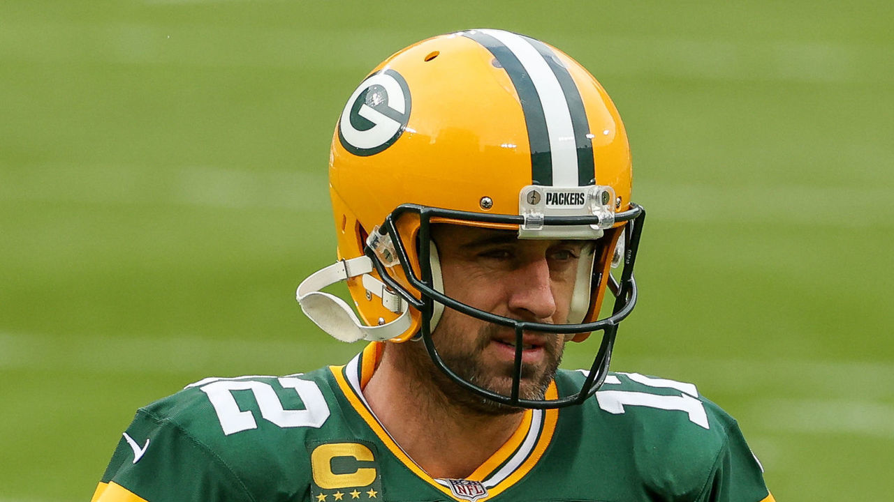 GREEN BAY, WISCONSIN - NOVEMBER 01: Aaron Rodgers #12 of the Green Bay Packers looks on before the game against the Minnesota Vikings at Lambeau Field on November 01, 2020 in Green Bay, Wisconsin.