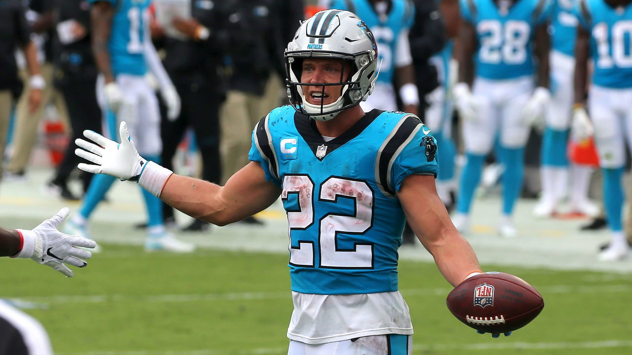 TAMPA, FL - SEP 20: Christian McCaffrey (22) of the Panthers celebrates a touchdown during the regular season game between the Carolina Panthers and the Tampa Bay Buccaneers on September 20, 2020 at Raymond James Stadium in Tampa, Florida.
