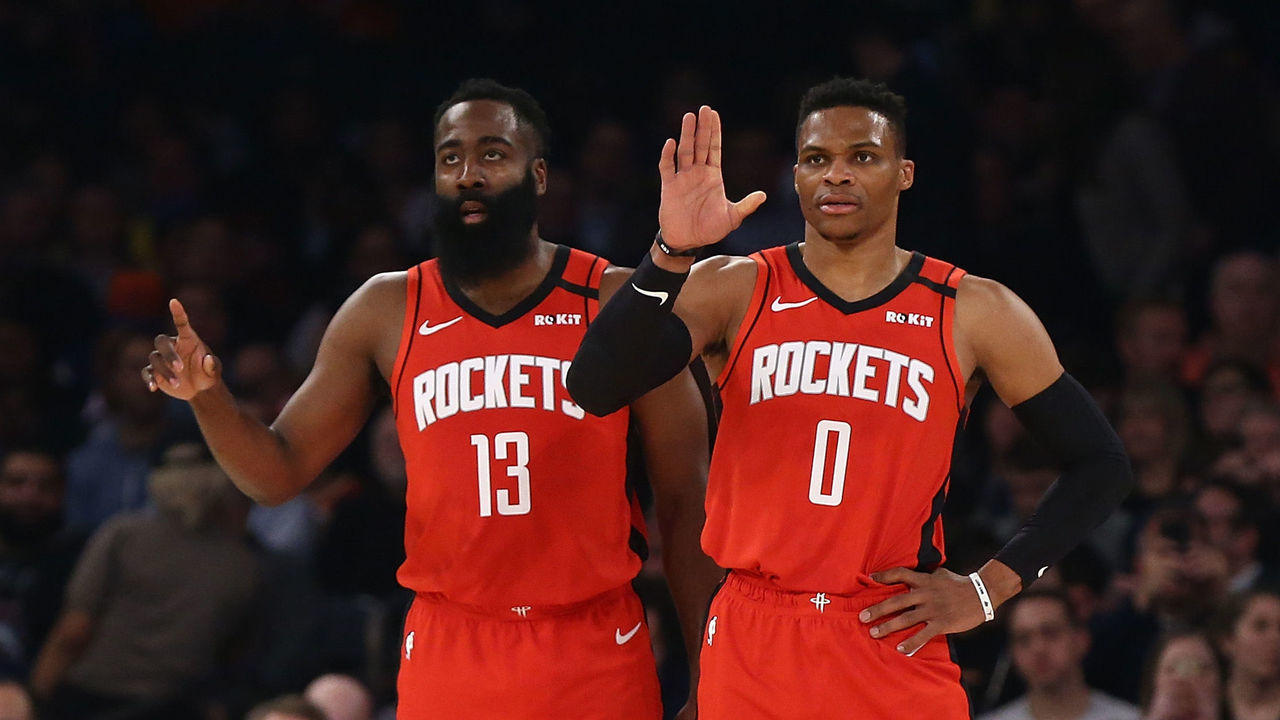 NEW YORK, NEW YORK - MARCH 02: James Harden #13 and Russell Westbrook #0 of the Houston Rockets in action against the New York Knicks at Madison Square Garden on March 02, 2020 in New York City. New York Knicks defeated the Houston Rockets 125-123.