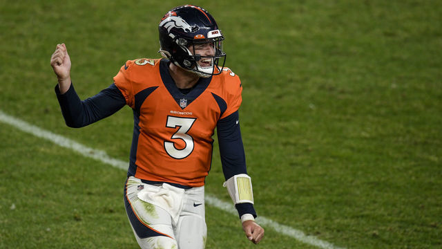 DENVER, CO - NOVEMBER 1: Drew Lock (3) of the Denver Broncos celebrates throwing a game-winning touchdown pass to K.J. Hamler (13) over Tevaughn Campbell (37) of the Los Angeles Chargers during the second half of Denver's 31-30 win on Sunday, November 1, 2020.
