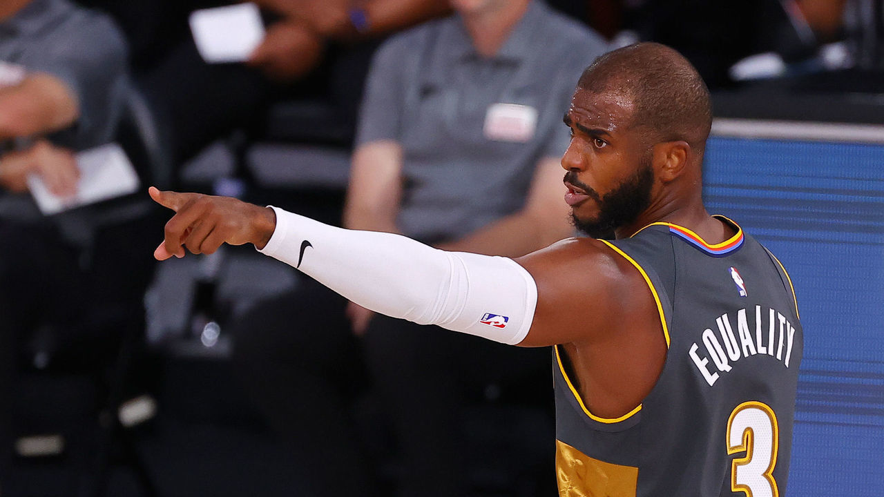 LAKE BUENA VISTA, FLORIDA - AUGUST 12: Chris Paul #3 of the Oklahoma City Thunder points to a teammate against the Miami Heat during the first quarter at Visa Athletic Center at ESPN Wide World Of Sports Complex on August 12, 2020 in Lake Buena Vista, Florida.