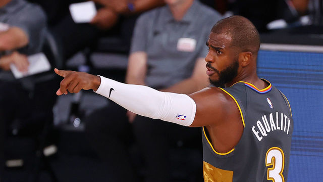 LAKE BUENA VISTA, FLORIDA - AUGUST 12: Chris Paul #3 of the Oklahoma City Thunder points to a teammate against the Miami Heat during the first quarter at Visa Athletic Center at ESPN Wide World Of Sports Complex on August 12, 2020 in Lake Buena Vista, Florida.