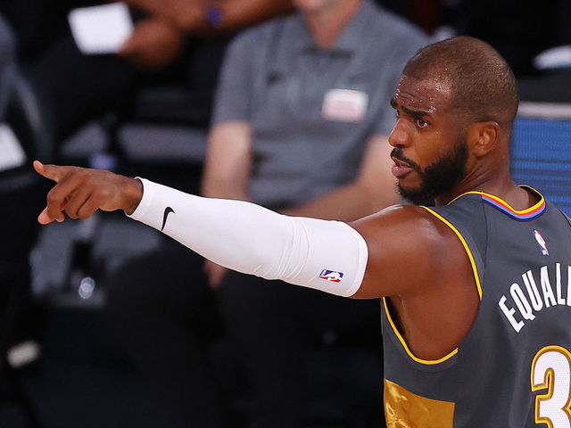 LAKE BUENA VISTA, FLORIDA - AUGUST 12: Chris Paul #3 of the Oklahoma City Thunder points to a teammate against the Miami Heat during the first quarter at Visa Athletic Center at ESPN Wide World Of Sports Complex on August 12, 2020 in Lake Buena Vista, Florida.