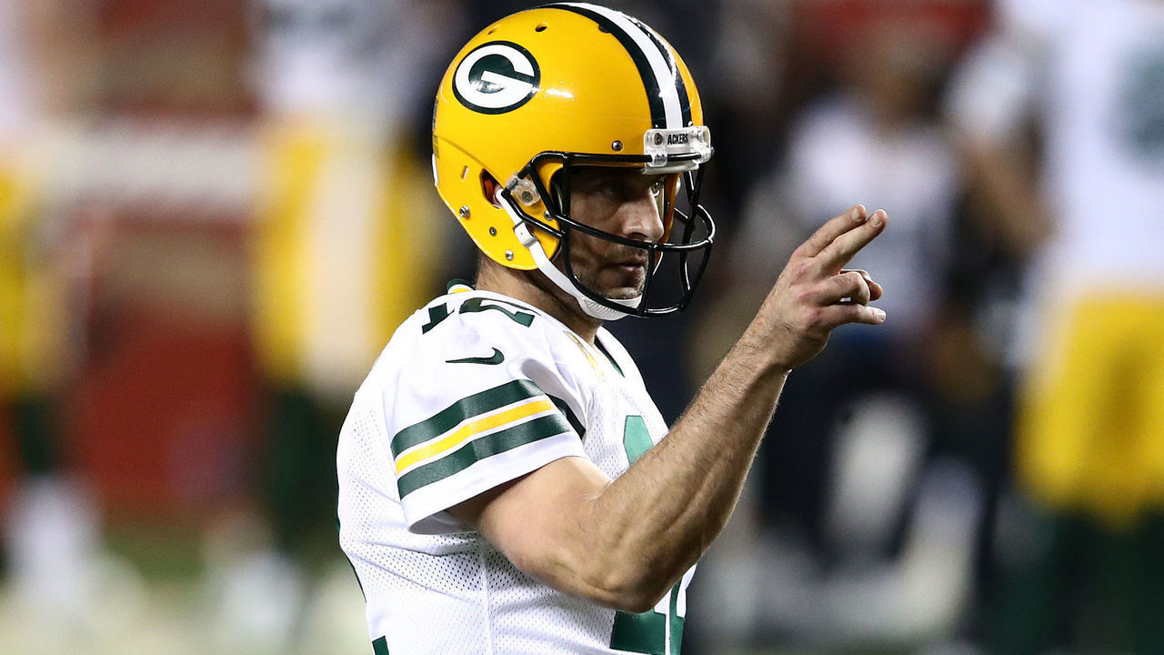 SANTA CLARA, CALIFORNIA - NOVEMBER 05: Aaron Rodgers #12 of the Green Bay Packers signals first down against the San Francisco 49ers during the third quarter at Levi's Stadium on November 05, 2020 in Santa Clara, California.