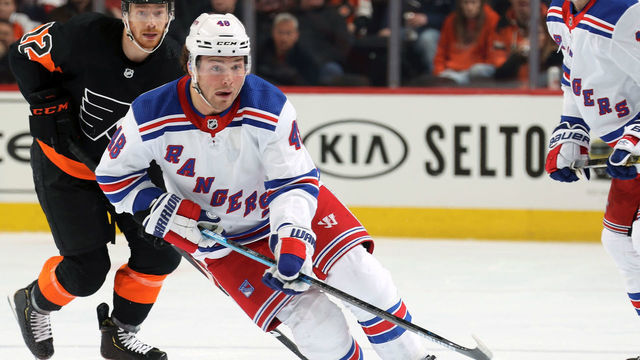 PHILADELPHIA, PA - FEBRUARY 28: Brendan Lemieux #48 of the New York Rangers keeps his eye on the puck against Micheal Raffl #12 of the Philadelphia Flyers on February 28, 2020 at the Wells Fargo Center in Philadelphia, Pennsylvania.