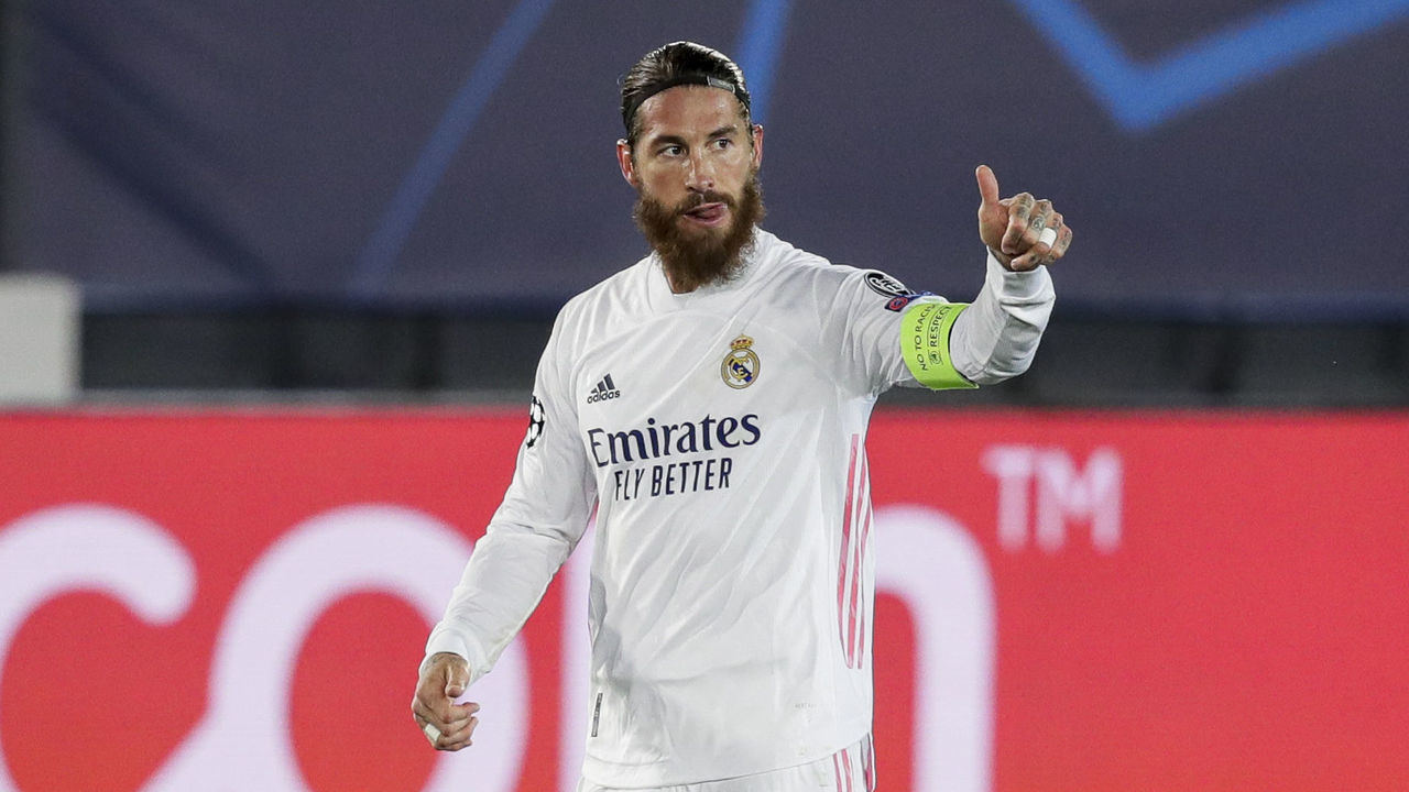 MADRID, SPAIN - NOVEMBER 3: Sergio Ramos of Real Madrid celebrates goal 2-0 during the UEFA Champions League match between Real Madrid v Internazionale at the Alfredo Di Stefano Stadium on November 3, 2020 in Madrid Spain