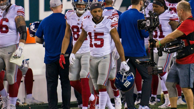 PHILADELPHIA, PA - OCTOBER 22: New York Giants wide receiver Golden Tate (15) reacts after scoring a touchdown during the game between the New York Giants and the Philadelphia Eagles on October 22, 2020 at Lincoln Financial Field in Philadelphia, PA.