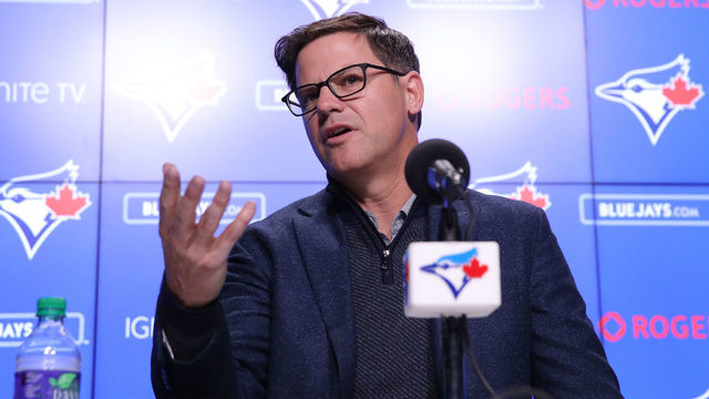 TORONTO, ON - APRIL 26: General manager Ross Atkins of the Toronto Blue Jays speaks to the media before introducing Vladimir Guerrero Jr. #27 before his MLB debut later tonight against the Oakland Athletics at Rogers Centre on April 26, 2019 in Toronto, Canada.