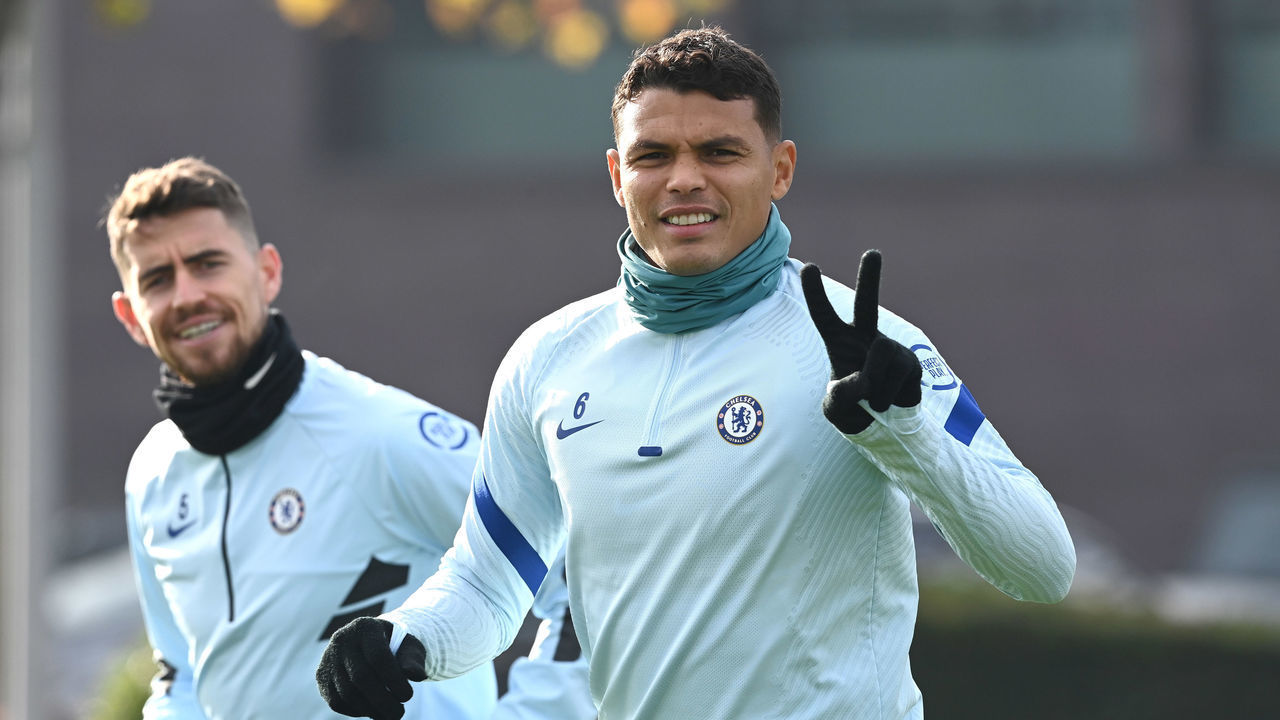 COBHAM, ENGLAND - NOVEMBER 06: Jorginho and Thiago Silva of Chelsea during a training session at Chelsea Training Ground on November 6, 2020 in Cobham, United Kingdom.