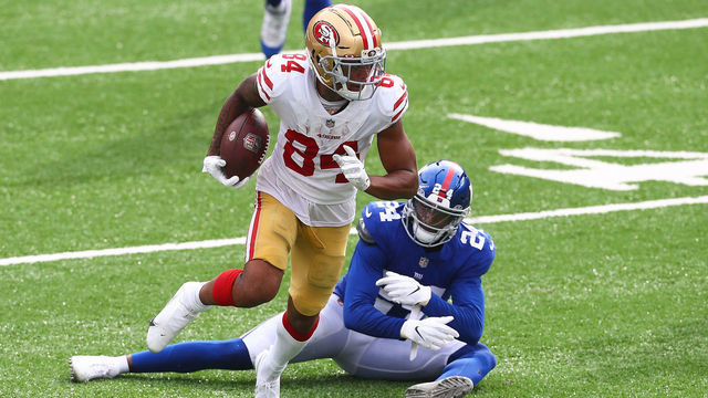 EAST RUTHERFORD, NEW JERSEY - SEPTEMBER 27: Kendrick Bourne #84 of the San Francisco 49ers runs with the ball after the catch past James Bradberry #24 of the New York Giants at MetLife Stadium on September 27, 2020 in East Rutherford, New Jersey.