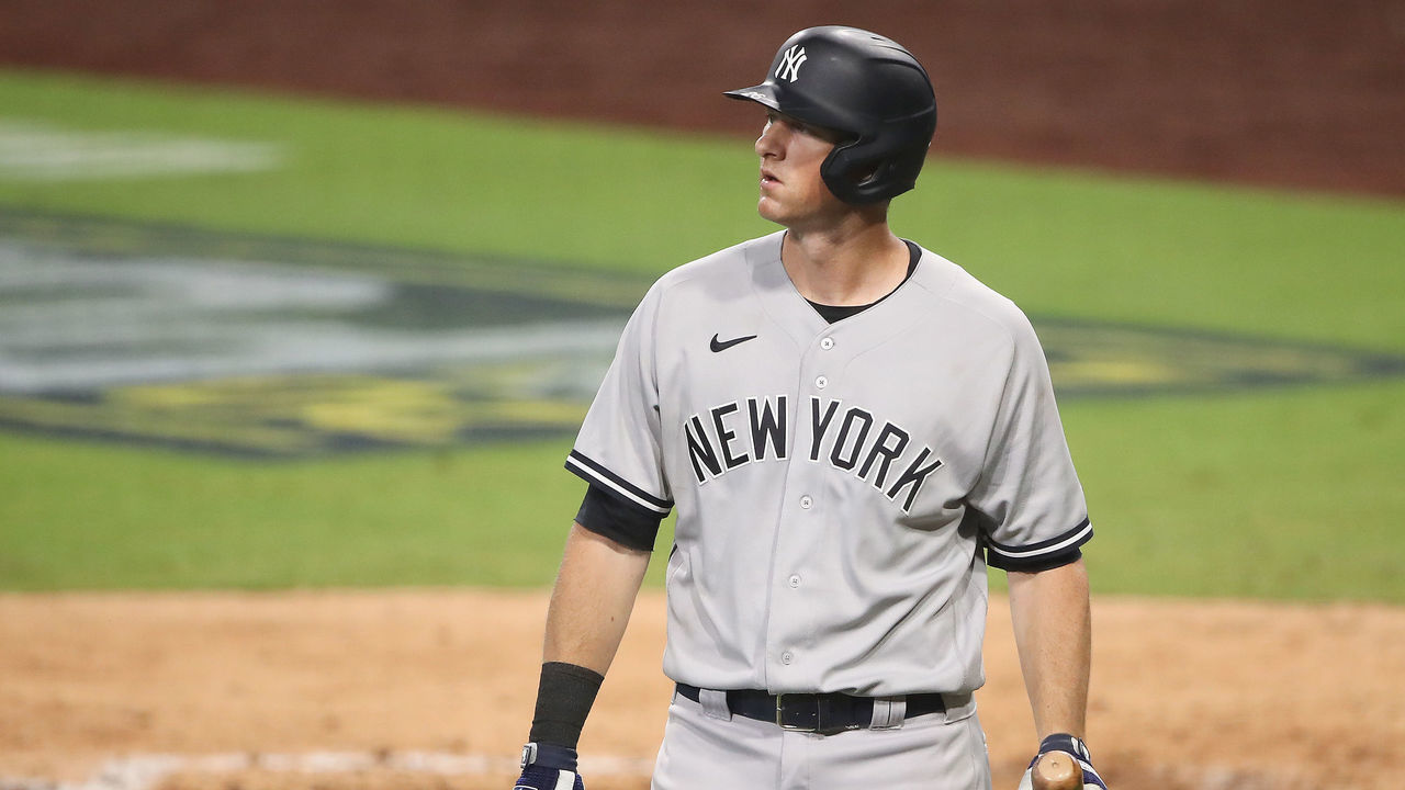 SAN DIEGO, CALIFORNIA - OCTOBER 06: DJ LeMahieu #26 of the New York Yankees reacts after striking out against the Tampa Bay Rays during the seventh inning in Game Two of the American League Division Series at PETCO Park on October 06, 2020 in San Diego, California.