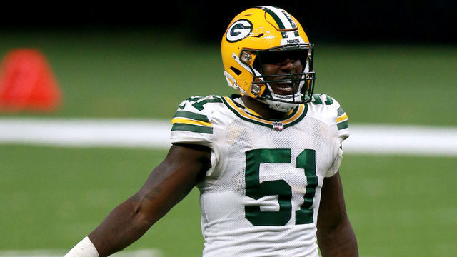 NEW ORLEANS, LOUISIANA - SEPTEMBER 27: Krys Barnes #51 of the Green Bay Packers in action during a NFL game at Mercedes-Benz Superdome on September 27, 2020 in New Orleans, Louisiana.