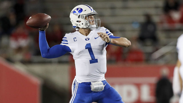 HOUSTON, TEXAS - OCTOBER 16: Zach Wilson #1 of the BYU Cougars throws a pass in the second half against the Houston Cougars at TDECU Stadium on October 16, 2020 in Houston, Texas.