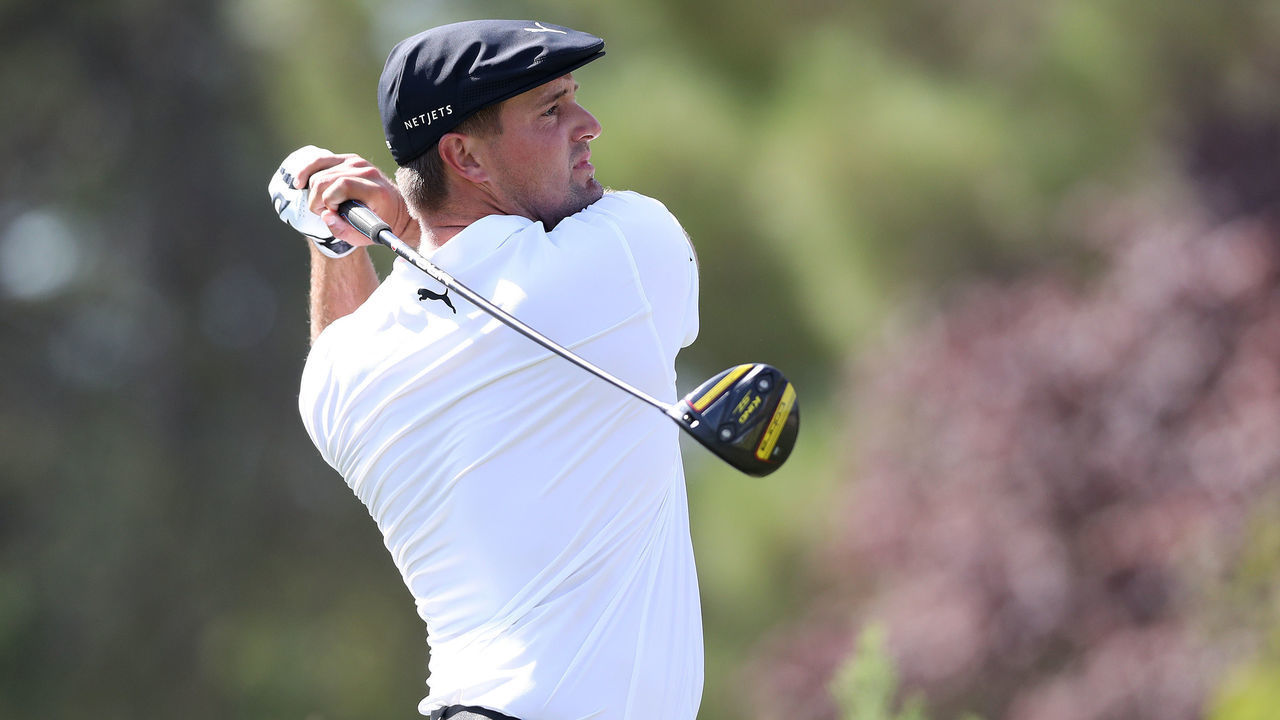 LAS VEGAS, NEVADA - OCTOBER 08: Bryson DeChambeau hits his tee shot on the 9th hole during round one of the Shriners Hospitals For Children Open at TPC Summerlin on October 08, 2020 in Las Vegas, Nevada.