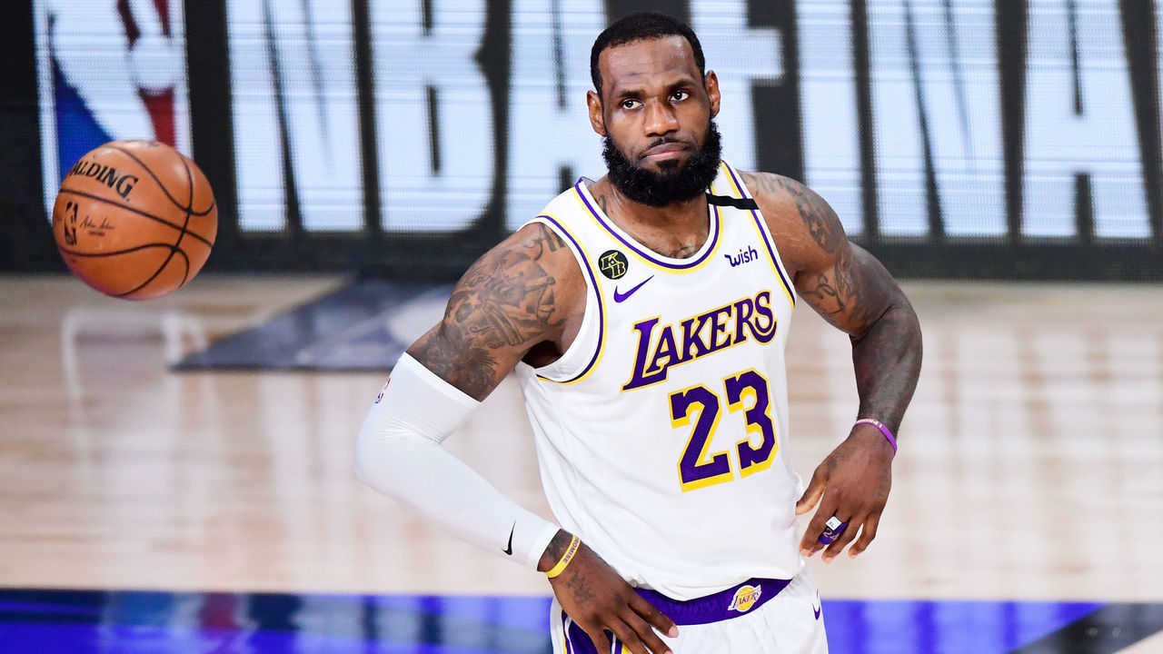LAKE BUENA VISTA, FLORIDA - OCTOBER 11: LeBron James #23 of the Los Angeles Lakers reacts during the second quarter against the Miami Heat in Game Six of the 2020 NBA Finals at AdventHealth Arena at the ESPN Wide World Of Sports Complex on October 11, 2020 in Lake Buena Vista, Florida.