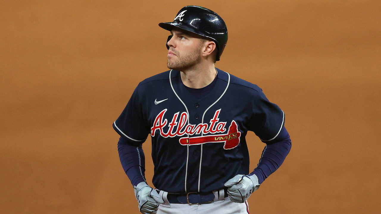 ARLINGTON, TEXAS - OCTOBER 18: Freddie Freeman #5 of the Atlanta Braves reacts after flying out to Mookie Betts (not pictured) of the Los Angeles Dodgersduring the fifth inning in Game Seven of the National League Championship Series at Globe Life Field on October 18, 2020 in Arlington, Texas.