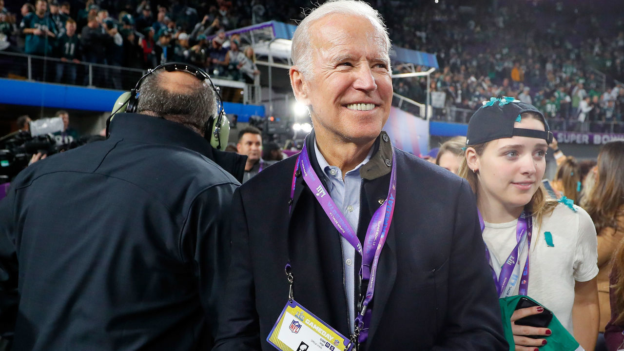 MINNEAPOLIS, MN - FEBRUARY 04: Former Vice President Joe Biden looks on during the celebrations after the Philadelphia Eagles win over the New England Patriots in Super Bowl LII at U.S. Bank Stadium on February 4, 2018 in Minneapolis, Minnesota. The Philadelphia Eagles defeated the New England Patriots 41-33.