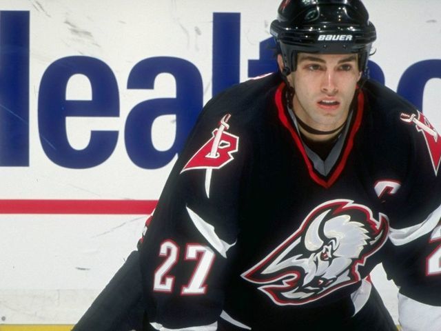 15 Apr 1998: Center Michael Peca of the Buffalo Sabres in action during their game against the New Jersey Devils at the Continental Airlines Arena in East Rutherford, New Jersey. The Devils defeated the Sabres 5-4 in overtime. Mandatory Credit: Jamie Sq