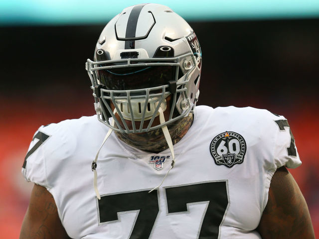 KANSAS CITY, MO - DECEMBER 01: Oakland Raiders offensive tackle Trent Brown (77) before an AFC West game between the Oakland Raiders and Kansas City Chiefs on December 1, 2019 at Arrowhead Stadium in Kansas City, MO.