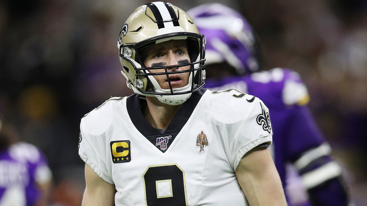 NEW ORLEANS, LOUISIANA - JANUARY 05: Drew Brees #9 of the New Orleans Saints reacts after fumbling the ball during the fourth quarter against the Minnesota Vikings in the NFC Wild Card Playoff game at Mercedes Benz Superdome on January 05, 2020 in New Orleans, Louisiana.