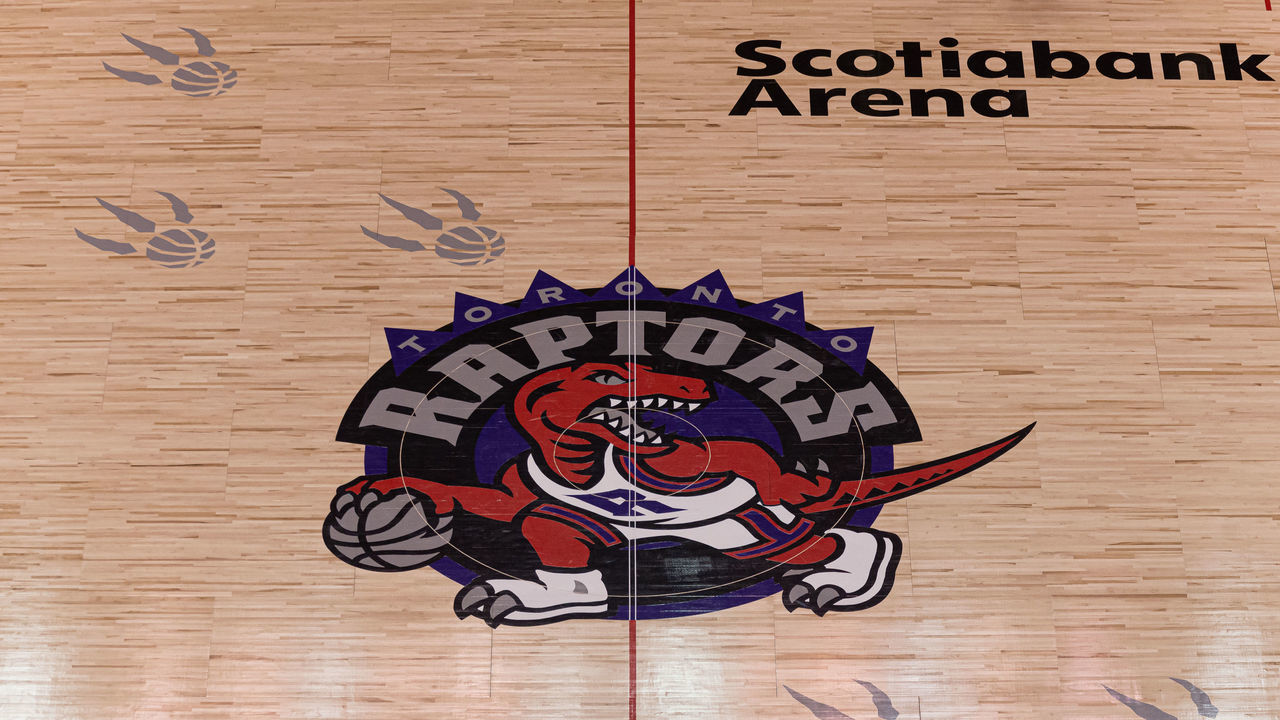 Overall view at Scotiabank arena court with retro logo of Toronto Raptors during the Toronto Raptors vs Atlanta Hawks NBA regular season game at Scotiabank Arena on January 28, 2020 in Toronto, Canada. Toronto Raptors won 130-114.
