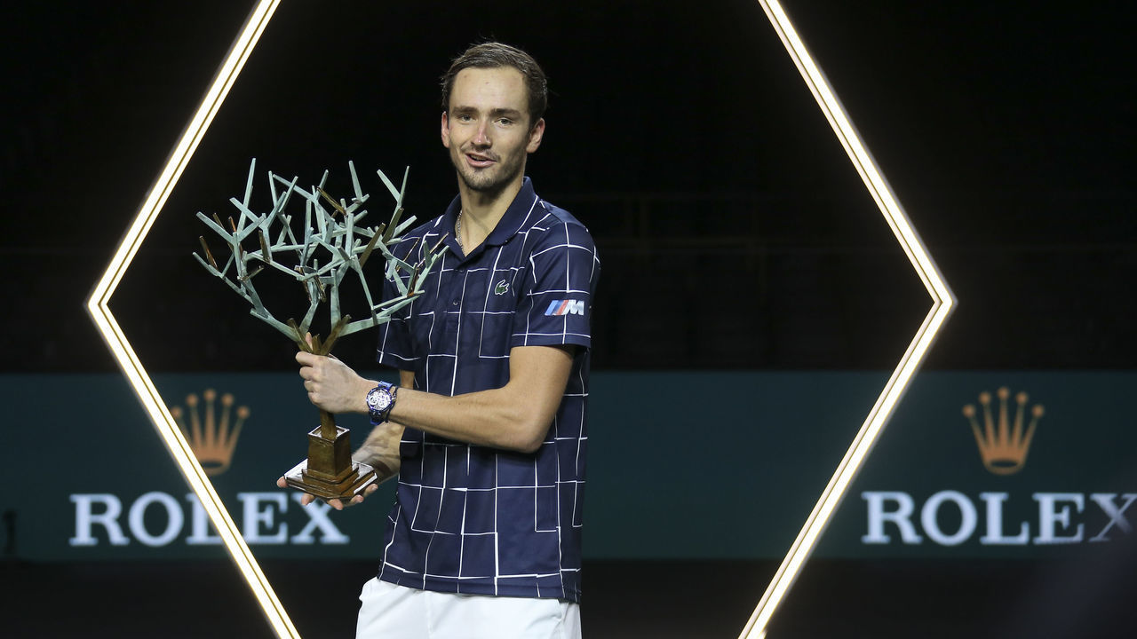 PARIS, FRANCE - NOVEMBER 8: Winner Daniil Medvedev of Russia during the trophy ceremony of the Men's Final after beating Alexander Zverev of Germany on day 7 of the Rolex Paris Masters, an ATP Masters 1000 tournament held behind closed doors at AccorHotels Arena formerly known as Paris Bercy on November 8, 2020 in Paris, France.