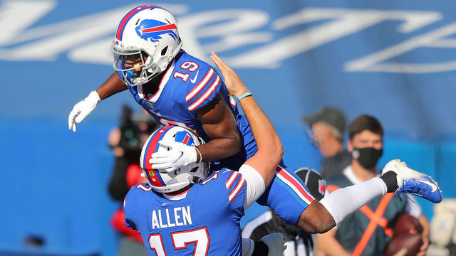 ORCHARD PARK, NEW YORK - NOVEMBER 08: Josh Allen #17 celebrates with Isaiah McKenzie #19 of the Buffalo Bills after McKenzie's touchdown during the first half against the Seattle Seahawks at Bills Stadium on November 08, 2020 in Orchard Park, New York.