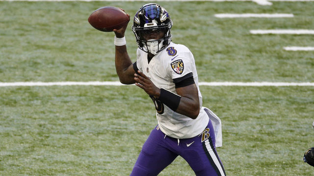 INDIANAPOLIS, INDIANA - NOVEMBER 08: Lamar Jackson #8 of the Baltimore Ravens looks to pass against the Indianapolis Colts during the second half at Lucas Oil Stadium on November 08, 2020 in Indianapolis, Indiana.