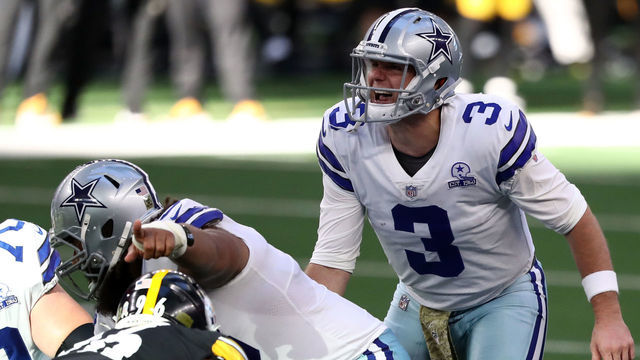 ARLINGTON, TEXAS - NOVEMBER 08: Garrett Gilbert #3 of the Dallas Cowboys calls a play at the line of scrimmage during a game against the Pittsburgh Steelers at AT&T Stadium on November 08, 2020 in Arlington, Texas.